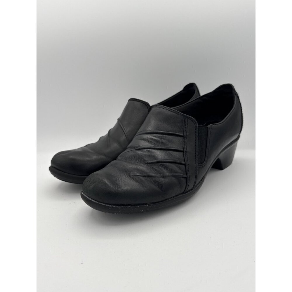 Clarks Womens Black Leather Heeled Loafers Size 6.5